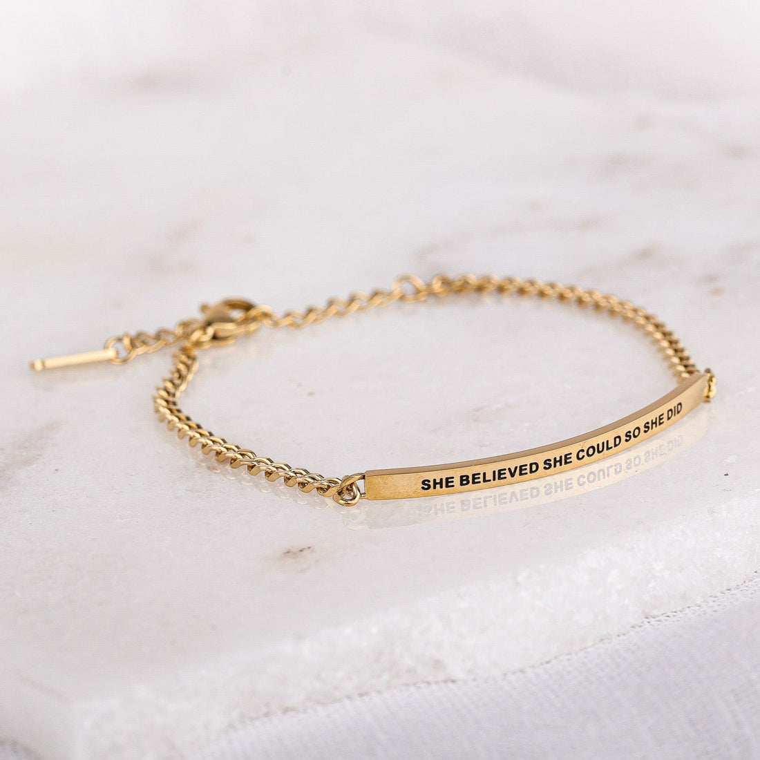 -She Believed She Could So She Did chain bracelet with engraved message