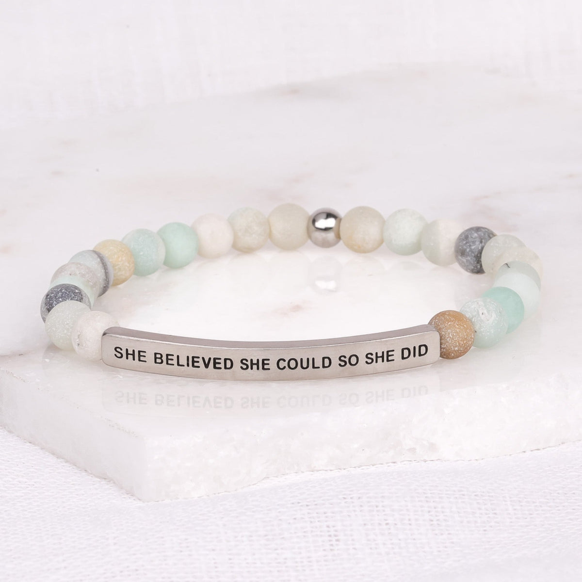Inspirational beaded bracelet for women with She Believed She Could So She Did message