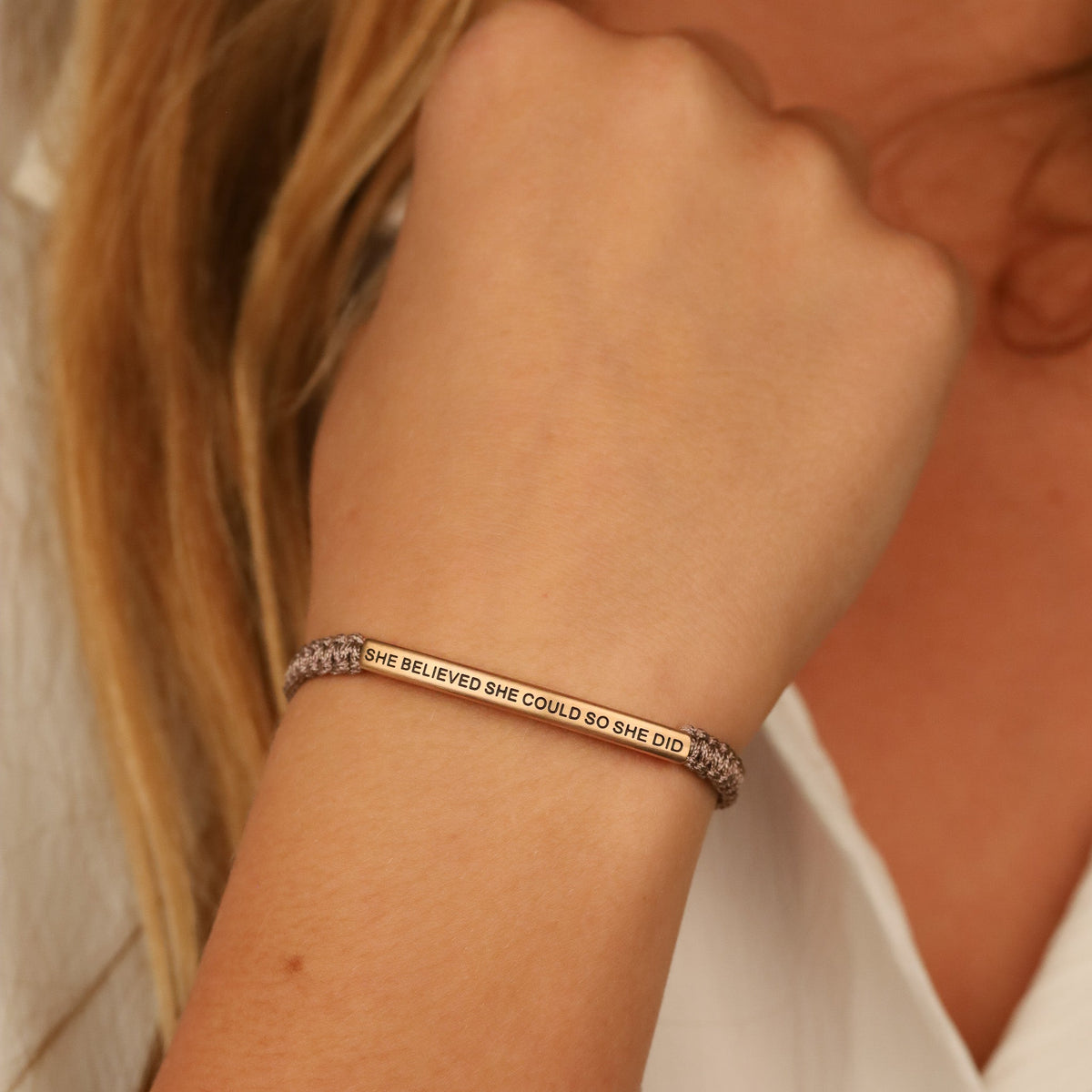Motivational affirmation rope bracelet with inspirational message