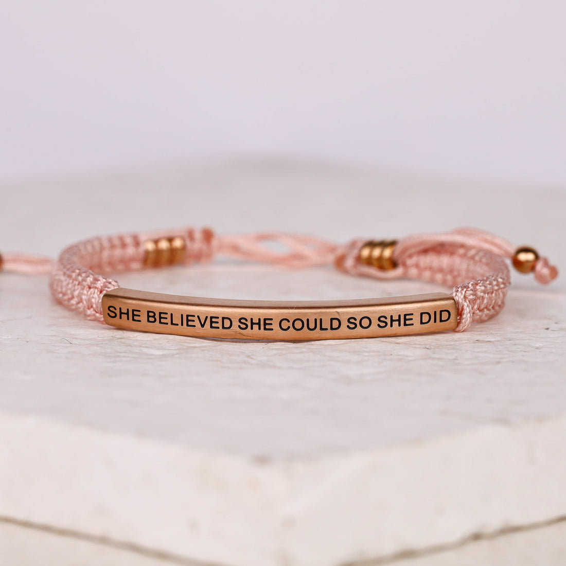 She Believed She Could So She Did rope bracelet with engraved message