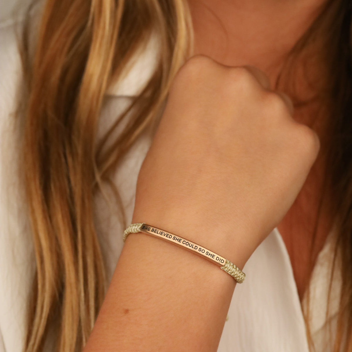 Inspirational rope bracelet for women featuring She Believed She Could So She Did message