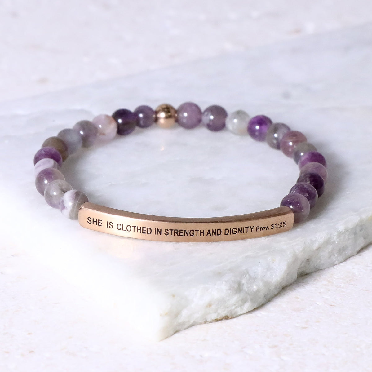 Proverbs 31:25 inspirational beaded bracelet with engraved Bible verse message