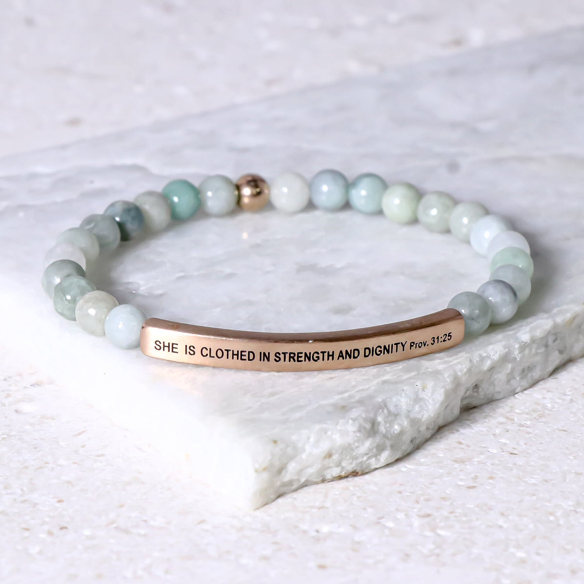 Proverbs 31:25 inspirational beaded bracelet with engraved Bible verse message