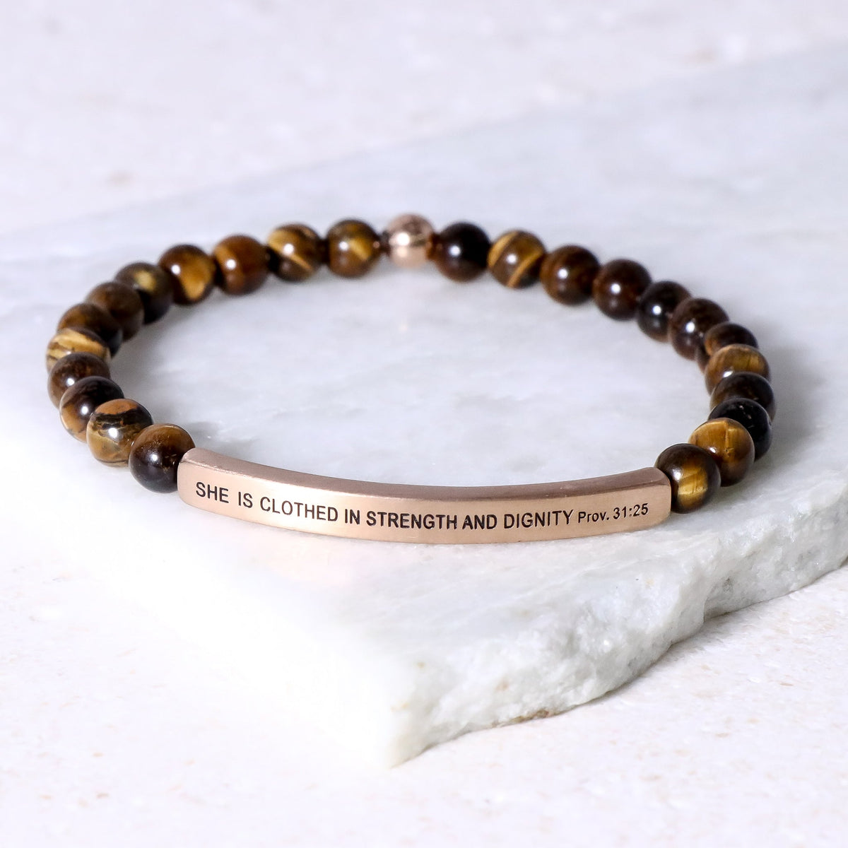 Christian gemstone bead bracelet for women featuring She Is Clothed in Strength and Dignity