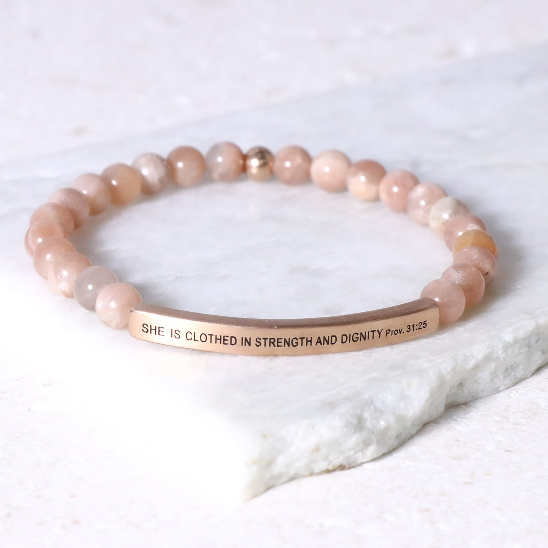 She Is Clothed in Strength and Dignity beaded Christian bracelet inspired by Proverbs 31:25