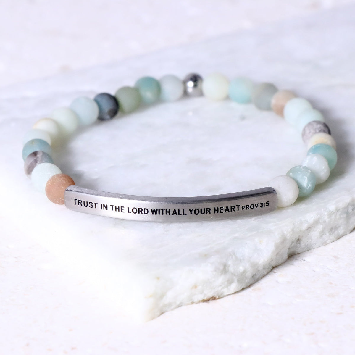 Christian beaded bracelet featuring Trust in the Lord with All Your Heart and Proverbs 3:5