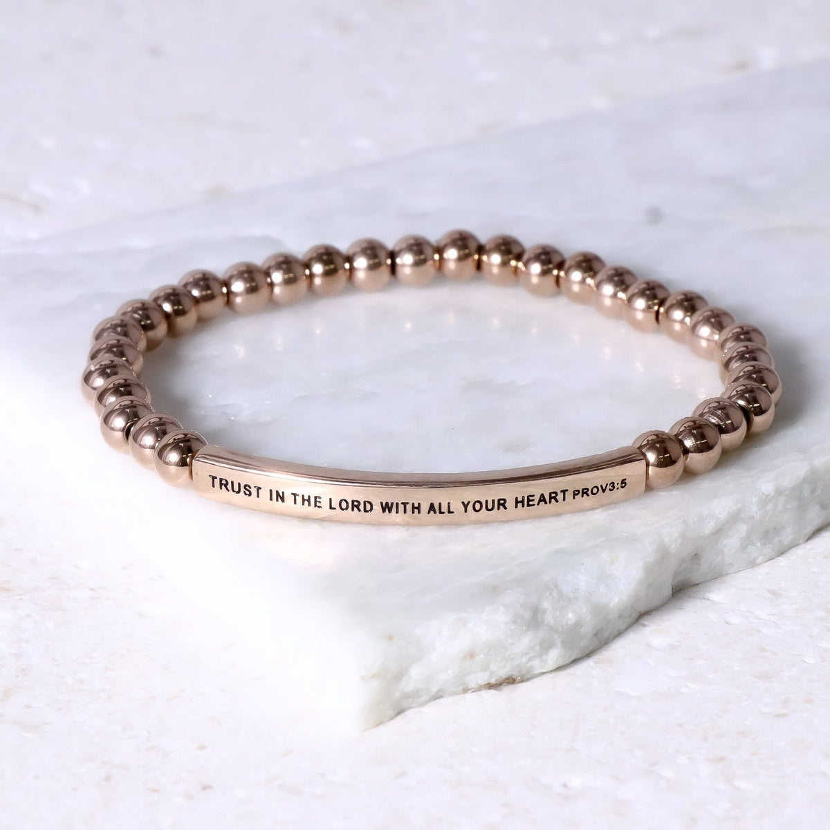 Trust in the Lord with All Your Heart Proverbs 3:5 Christian beaded bracelet with engraved message and gemstone beads