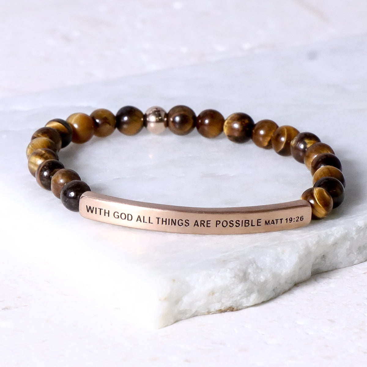 Matthew 19:26 beaded Christian bracelet symbolizing faith, hope, and trust in God