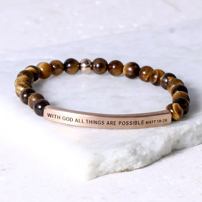 Matthew 19:26 beaded Christian bracelet symbolizing faith, hope, and trust in God