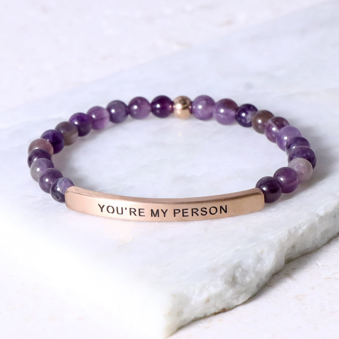 beaded bracelet with engraved message bar and natural gemstone beads