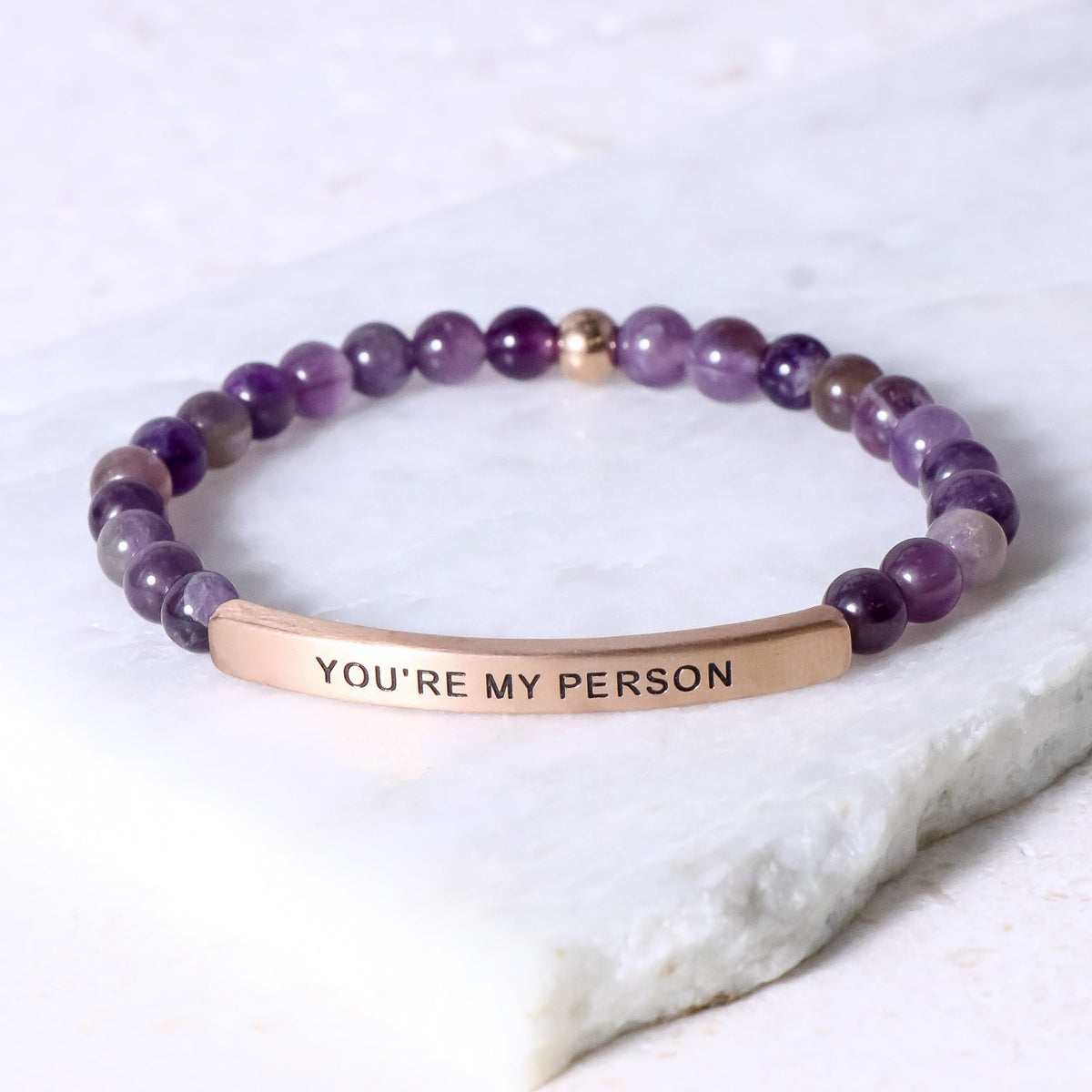 beaded bracelet with engraved message bar and natural gemstone beads