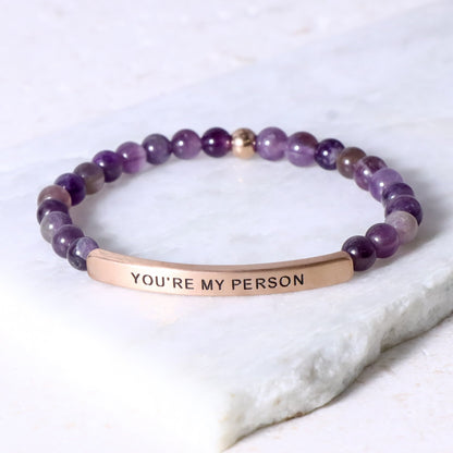beaded bracelet with engraved message bar and natural gemstone beads